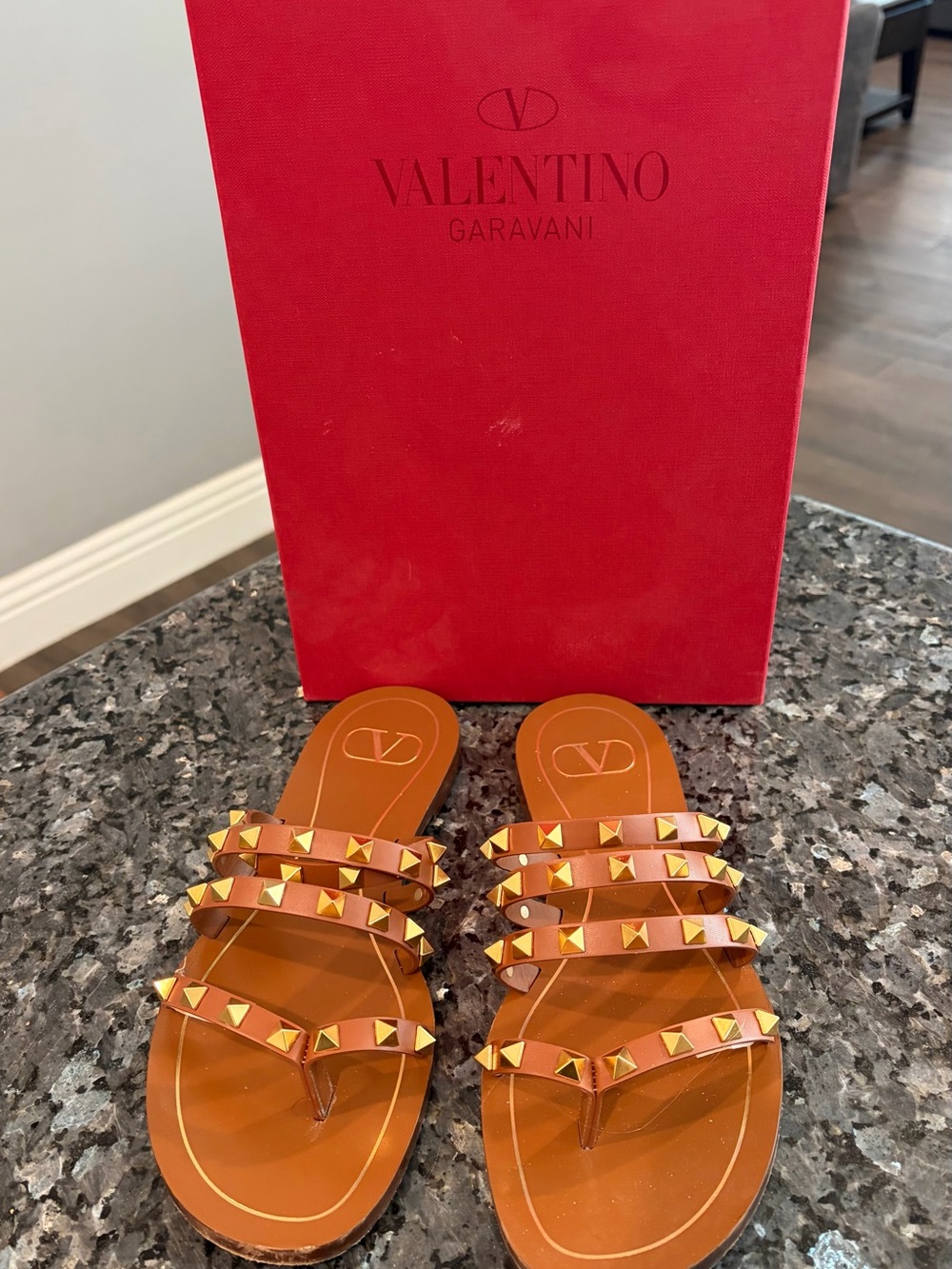 Valentino Rockstud Tan Leather Slide Sandals